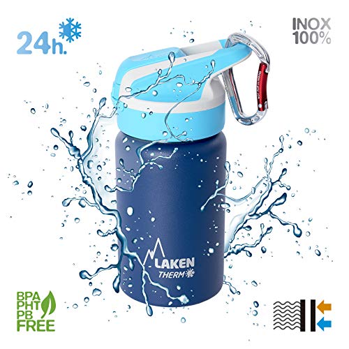 PracticFood Pack Botella Térmica Laken Summit en Acero Inoxidable de 0.35L, Doble Pared de Vacío, con Mosquetón de 6 cm. (Azul)