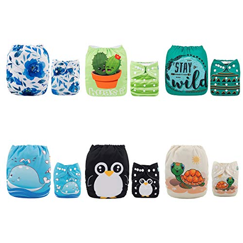 Image of ALVABABY Baby Cloth Diapers 6 Pack with 12 Inserts One Size Adjustable Washable Reusable for Baby Girls and Boys 6DM04-DA