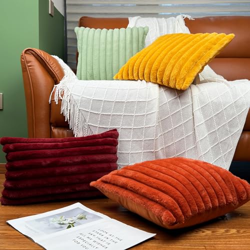 20x20 Throw Pillow Covers Set of 2, Decorative Faux Fur Covers for Bed, Couch Soft Fluffy Pillow Cover with Velvet Back for Living Room, Neutral Home Décor Accent for Sofa - Burnt Orange