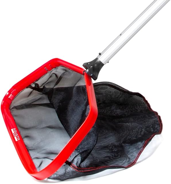 Aquatix Pro Pool Skimmer Commercial Grade with 4-12 feet 1.1mm Thick Silver Telescopic Pole & EZ Clips for Above Ground & Inground Swimming Pools, Fine Mesh Bag Removes All Debris!