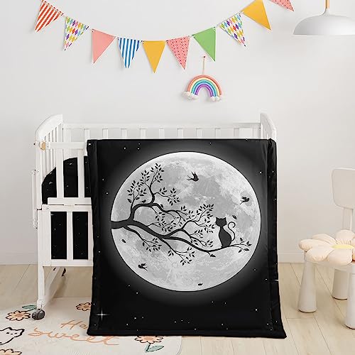 Image of Moon Theme Cat Branch Printed Nursery Crib Bedding Set, 3pcs - Comforter, Crib Sheet & Crib Skirt for Baby Boys and Girls