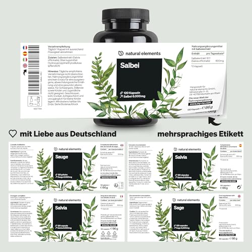 natural elements Salbei – 120 Kapseln – 6000mg pro Tagesdosis – Salbei Extrakt 10:1 – vegan, hochdosiert, ohne unnötige Zusätze – in Deutschland produziert & laborgeprüft 5