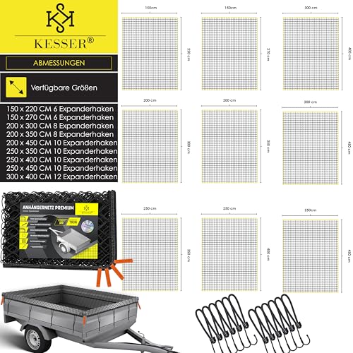 KESSER® Anhängernetz 2x3m feinmaschig | Hängernetz mit Spannseil & Netzkordel | Containernetz für Ladungssicherung | Sicherungs-Netz Eckmarkierungen Expander-Haken & Befestigungsknöpfen Schwarz