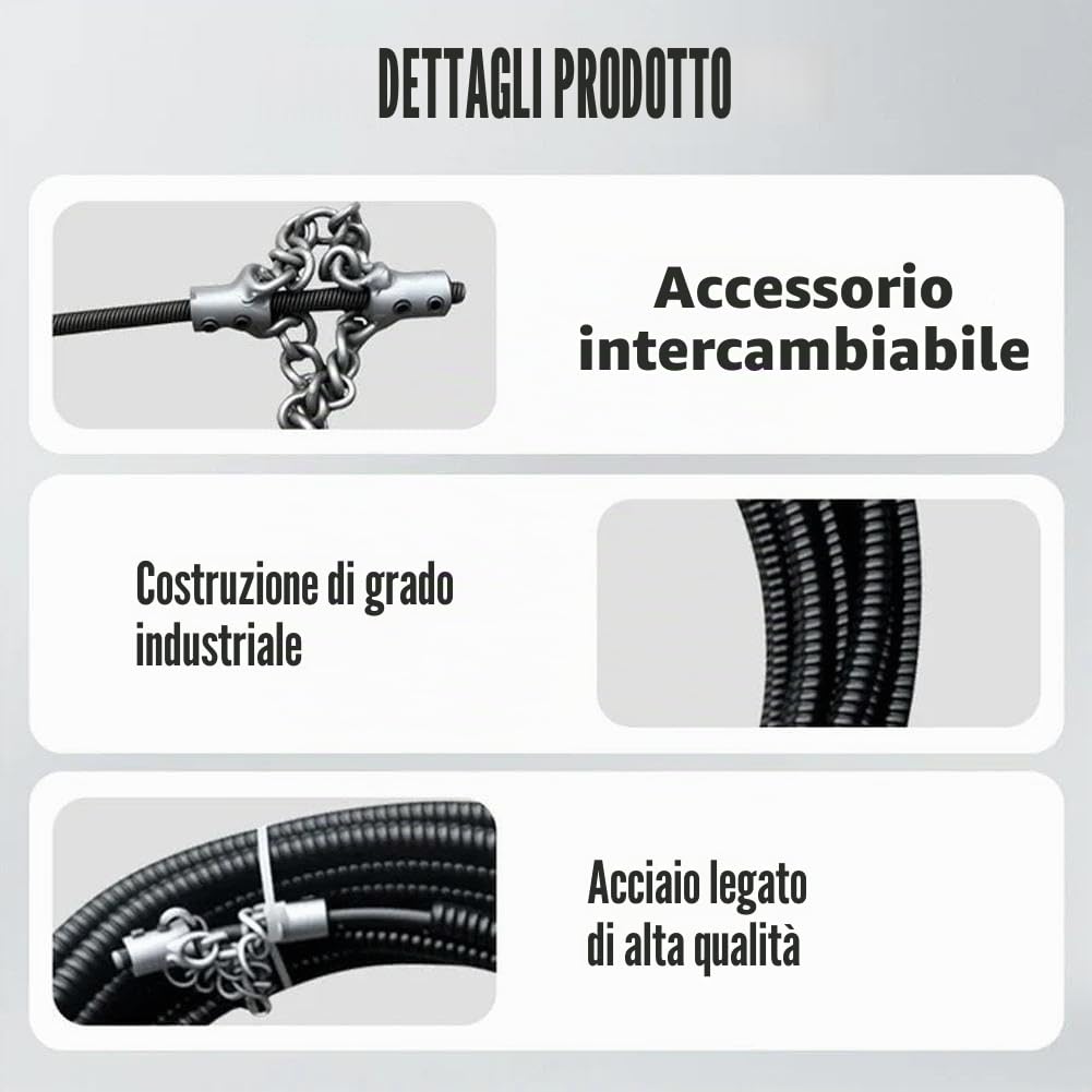 Catena per Decalcificazione Fognaria a Gambo Flessibile, Strumento Multiuso per la Manutenzione di Tubi in PVC, Cavo Rotante per la Pulizia delle Fognature di Tipo Spingente per Scarichi in PVC (Nero