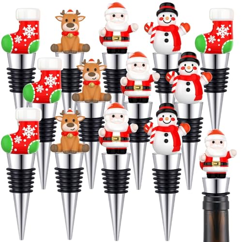 Cinnvoice 12 Pcs Christmas Wine Bottle Stoppers with Santa Claus Snowman Resin Accessories Zinc-alloy Silicone Wine Stoppers Reusable Corks Gift for Xmas Party Supplies, 4 Styles