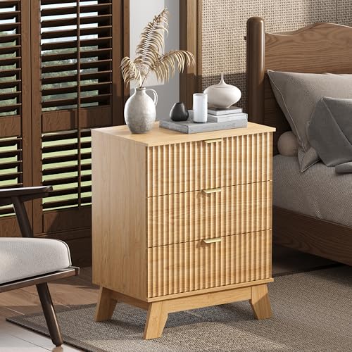 Image of Wodeer Night Stand Set 2, Bedside Table & End Table, Mid Century Modern Fluted Wood Nightstand with 3 Drawers & Metal Handles, Farmhouse Nightstand for Bedroom, Natural Oak