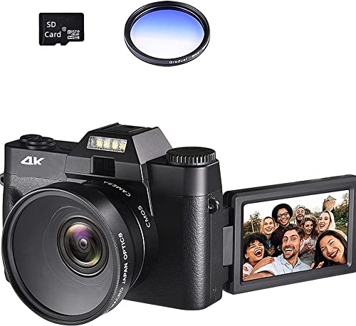 ビデオカメラ マクロ レンズ 4K デジタル カメラ フリップ スクリーン セルフィー ビデオカメラ 48MP Vlog ウェブカメラ ビンテージ ビデオ レコーダー 16X 広角 運動会、卒業式、忘年会用(NO SD Card,With Lens Fli