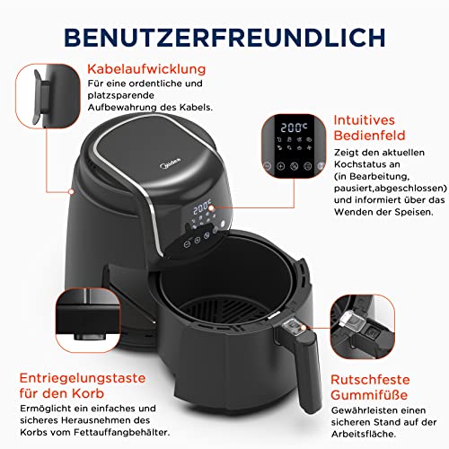 Midea MF-CN40C2 Heißluftfritteuse 4L, Ölfreie Airfryer 1500W, 8 Vorprogrammierte Kochmodi, 35-200℃, Backen, Braten, Grillen, Auftauen, Schüttelalarm, 60-Minuten Timer, 41 Rezepten, Spülmaschinenfest – Bild 7