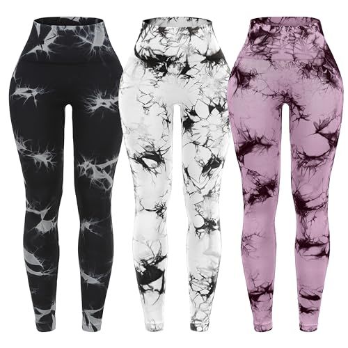 OVESPORT 3 Pack Tie Dye Seamless High Waisted Workout Leggings for Women Scrunch Butt Lifting Yoga Gym Athletic Pants Small Black/White/Watermelon Red