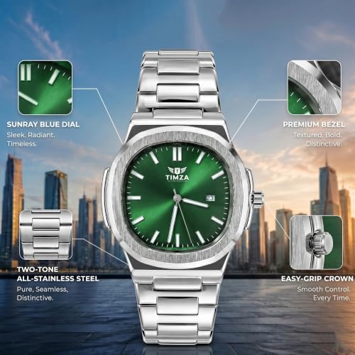 Image of Luxury Business Analog Quartz Watch for Men Sunburst Dial, Stainless Steel Strap, Date Display, Luminous Hands & Water Resistant (Green)