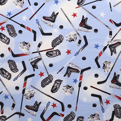 Premium Cotton Flannel Fabric with Hockey Sticks and Helmets Design in Light Blue - Perfect for Quilting, Apparel, and Home Décor - Sold by the Yard