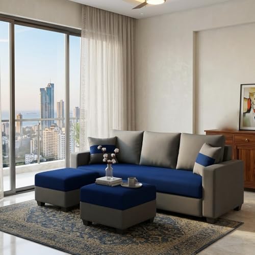 Image of FURNY Aura 5 Seater L Shape Sofa Set with 2 Movable Ottoman | Flexible Left or Right Layout | Plush Velvet Fabric (Dark Blue-Dark Grey) | Perfect for Living Room, Guest Room & Office