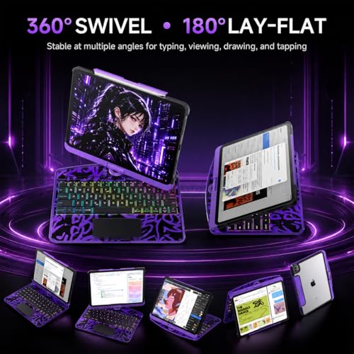 Image of Cyberpunk Clear Keyboard Case for iPad (A16) 11th 10th Generation (11 inch 2025 & 10.9 inch 2022), 360 Rotatable, Multi-Touch Trackpad, 7-Color Backlit, Pencil Holder, Battery Level Display, Purple