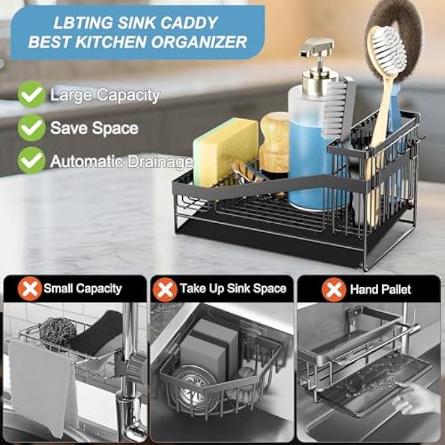LBTING Sink Caddy for Kitchen, Carbon Steel Sponge Holder with 3 Partitions, Self-Draining Kitchen Countertop Organizer for Sink Strainer, Sponge, Brush, Soap Dish Dispenser ¨C Black