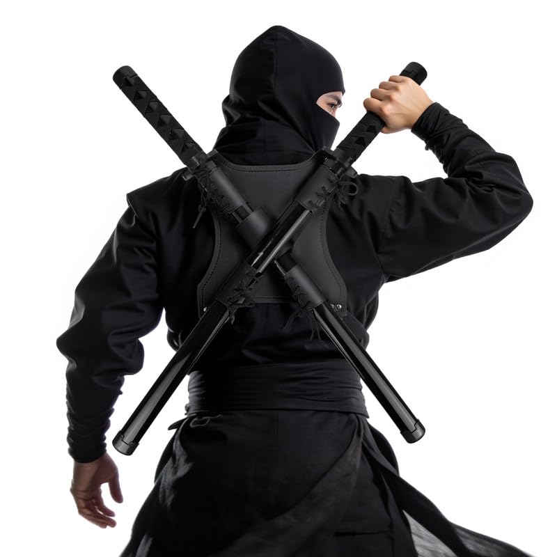 Ensemble de Sabres Ninja en Bois avec étui Dorsal – Étui à Armes Ajustable avec Deux katanas pour Costumes de Cosplay, Halloween et Carnaval