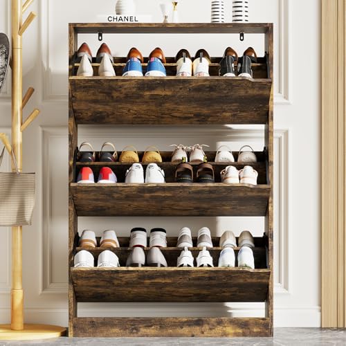 Image of Xixini Shoe Storage Cabinet for Entryway with 3 Flip Drawers, Sturdy Wood Hidden Shoe Storage, Freestanding Narrow Slim Shoe Organizer for Front Door Entrance, Living Room, Hallway, Bedroom, Brown
