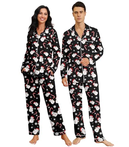 RAISEVERN Couples Christmas Matching Pajamas Set Snowman Men Xmas Pjs Soft Paiama Set Long Sleeve Loungewear Warm Sleepwear