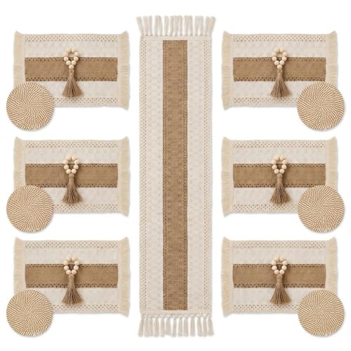 Set de manteles individuales boho con camino de mesa y anillos de servilleta miniatura 1