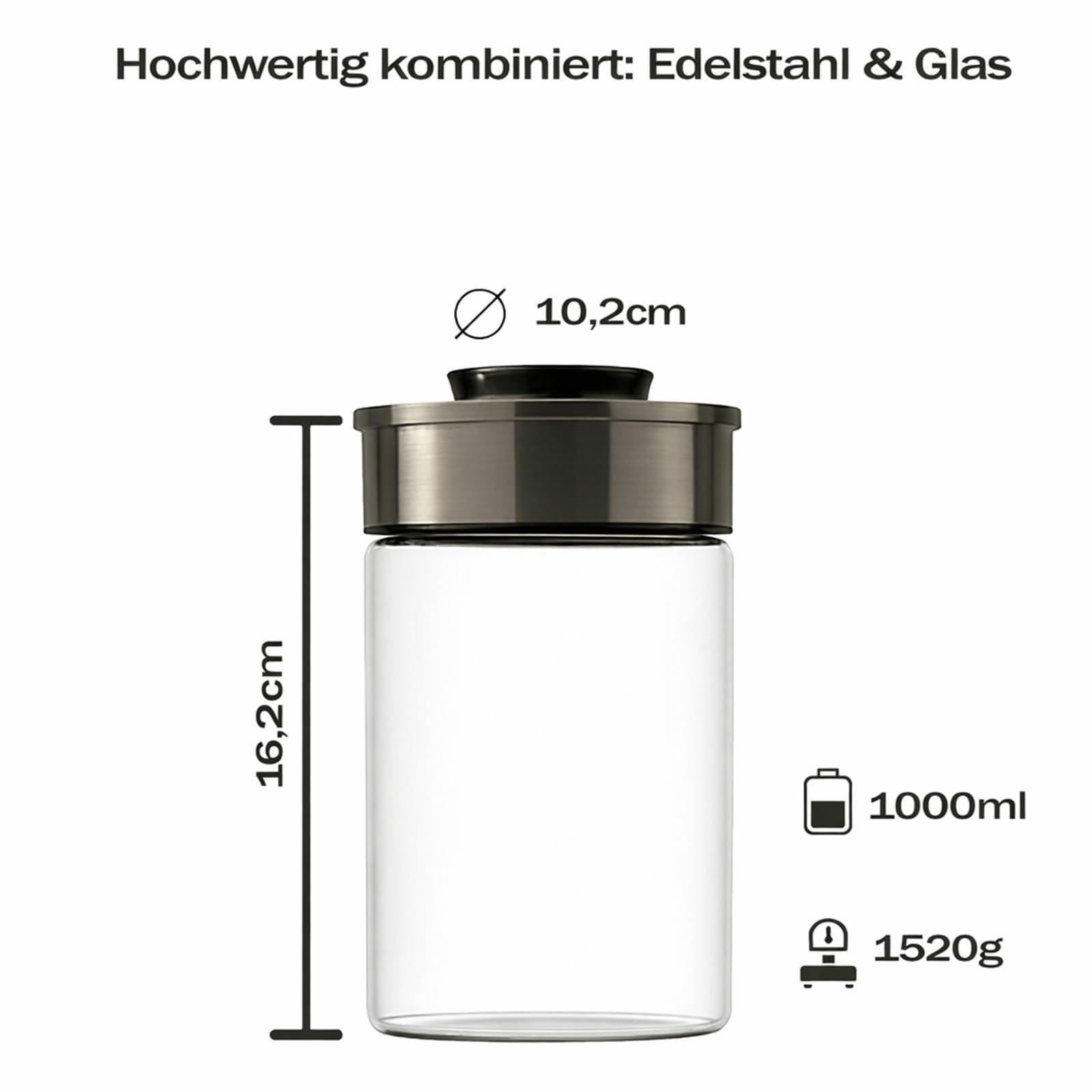 BURI Juego de 6 tarros de cristal de 1000 ml, herméticos con tapa de acero inoxidable y cierre de clic, apilables, aptos para lavavajillas, para cocina, almacenamiento de alimentos