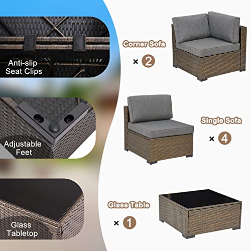 Kinsuite 7Pcs Outdoor Conversation Set - All-Weather Patio Furniture Set With Cushions, Pe Rattan Sectional Sofa Couch Set With Glass Top Coffee Table For Garden, Lawn, Deck, Dark Grey #TOP3