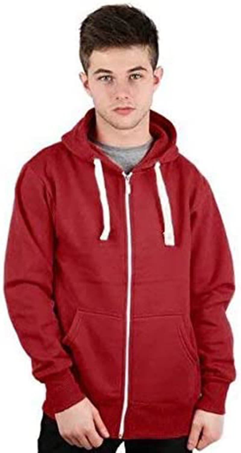 H&F Men’s Classic Plain Long Sleeve Hooded Drawstring Sweatshirt Pullover & Full Zip Hoodie Fleece Jumper Soft and Comfy Adult Top 2 Side Pocket Work Wear Jackets Size S-5XL (Zipper Wine, 5XL)