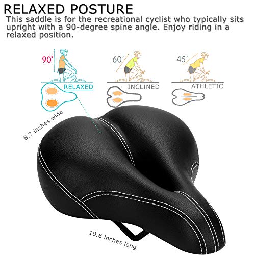 DAWAY C900 Bike Seat with Rechargeable Taillight - Men Women Foam Padded Leather Wide Bicycle Saddle Cushion, Comfortable, Waterproof, Dual Spring, Soft, Breathable, Universal, Black