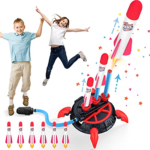 Beedove Multiple Rocket Launcher for Kids, Outdoor Toys 3 Continuous Shots Launcher Stand Adjustable Sturdy Jump Rocket Launcher with 6 Foam Rockets Fun Outdoor Toy Gift for Boys Girls Age 4+ Year Old