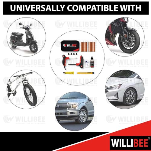Image of WILLIBEE 9-in-1 Tubeless Tyre Puncture Repair Kit for Car & Bike | Heavy-Duty Puncher Kit (Includes Storage Bag) | Emergency Tyre Fix Set (Pack of 10 Strips)