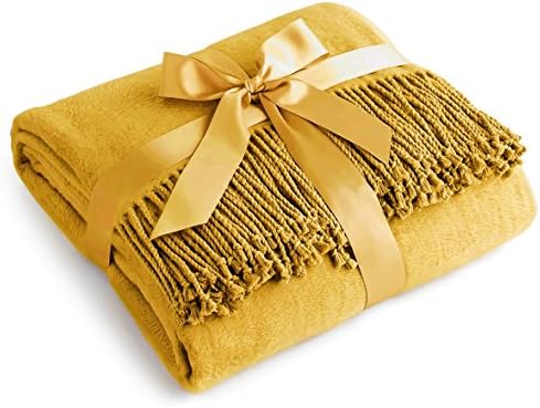 Luxury Pure 100% Mulberry Silk Throw, Genuine Natural 100% Silk Oversized Super Soft Plush Blanket in Ivory or Beige (Mustard Yellow)
