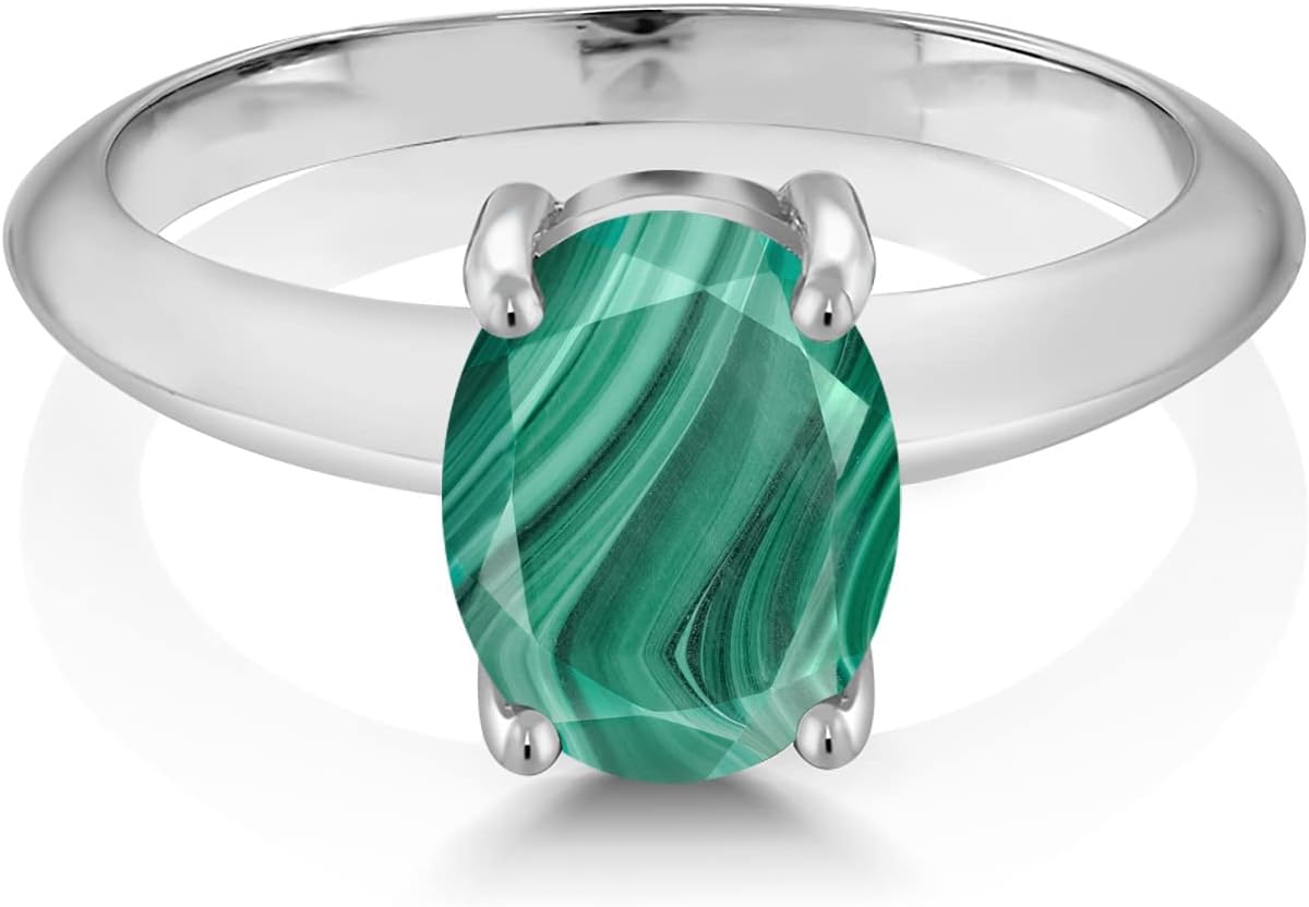 Gem Stone King 925 Sterling Silver Green Malachite Solitaire Engagement Ring For Women | 2.50 Cttw | Oval 9X7MM | Gemstone