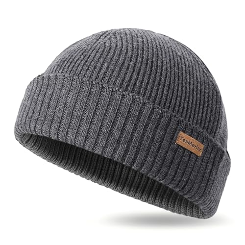 100% Merino Wool Fisherman Beanie for Men Women, Short Knit Cuff Trawler Winter Hat, Warm Soft Outdoor Gift Dark Gray