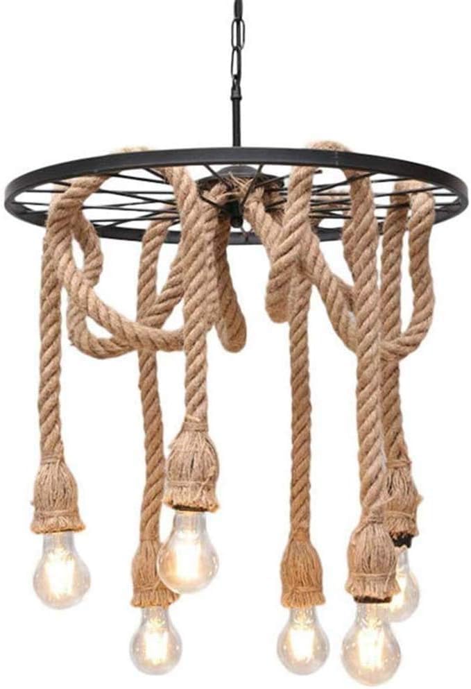 Lustre industriel en corde de chanvre avec 6 douilles E27 pour un salon rétro chaleureux