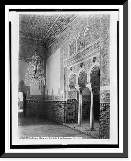 Lámina Enmarcada Histórica, Sevilla. Alcázar. Salon y arcos de la alcoba de los Reyes moros.J. Laurent. Madrid., 17-78" x 21-78"