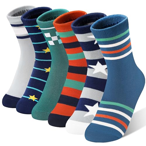 Kids Boys Fun Cotton Crew Socks Funny Crazy Cartoon Novelty Space Trucks Star Dress Socks 6 Pairs