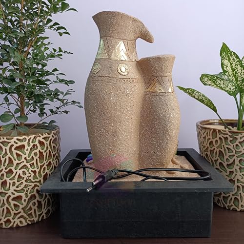 Image of Polyresin Designer Table Top Four Tier Fountain in Yellow Stone for Indoor, Outdoor, Home & Office Decor with Multicolour LED Light and Water Flow Control Pump (C-065, Jug & Matki)