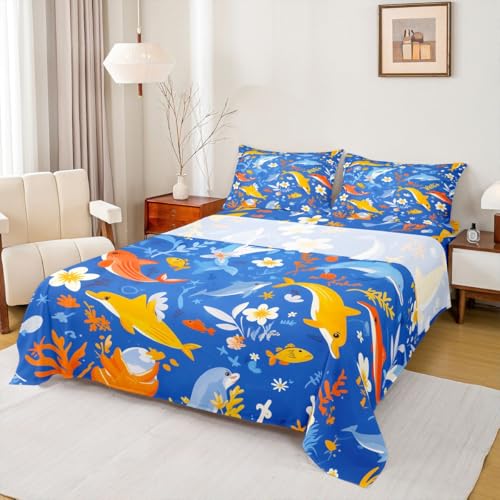 Image of jejeloiu Dolphin Bed Sheets Sets King Size Kids Boys Girls Ocean Bedding Set Sea World Bed Sheet Set with 16-Inch Deep Pockets Underwater Sea Animal 4Pcs with 2 Pillow Cases