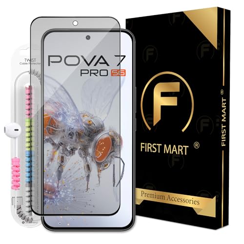 Image of FIRST MART Matte Anti-Glare Tempered Glass for Tecno Pova 7 and Pova 7 Pro With Installation Kit | Military-Grade Gaming Screen Protector & Cable Guard | Edge to Edge Coverage | Black