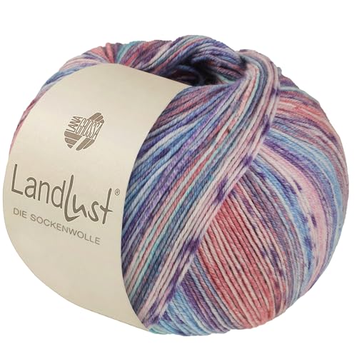 LandLust die Sockenwolle Seide 334 - Türkis/Himmelblau/Violett/Rosa/Lachs/Grau-/ Zartrosa Gestreift
