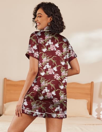 Image of Ekouaer Silk Pajamas Set for Women 2 Piece Short Sleeve Pjs Button Up Satin Top and Shorts Sleepwear Set,Floral Wine,Small