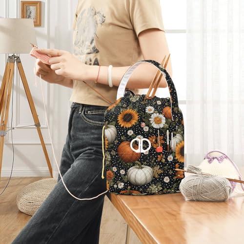 Image of ElliTarr Crochet Bag Yarn Bag with Handle Portable Knitting Project Bag Travel Yarn Storage Organizer Holder Case Black Dotty Pumpkins Sunflowers Daisy