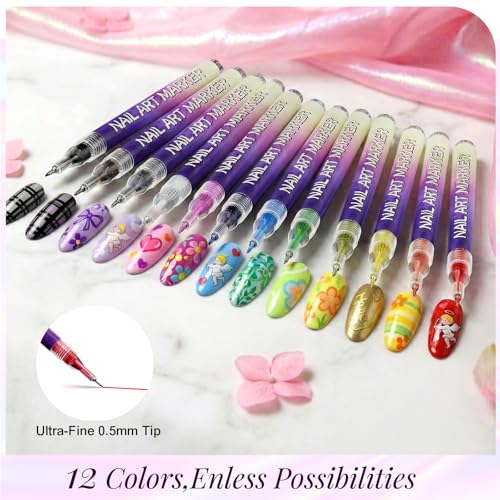 12 Color Nail Art Pens Set, Nail Art Markers & Nail Polish Pens with 0.5mm Fine Tip for Quick-Dry Graffiti, Dotting, Drawing, Painting, Liner - Professional DIY Home Salon Manicure Tools — view 4