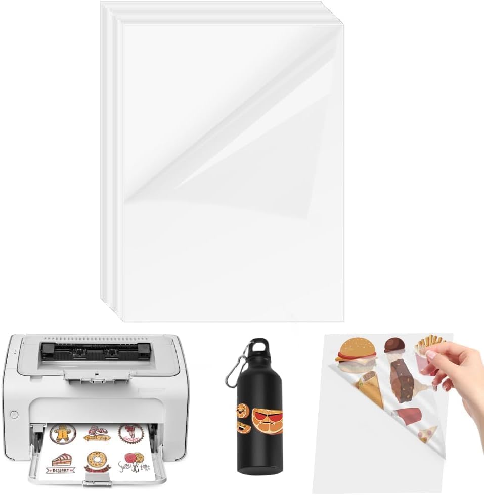 Sticker Paper Labels, 30 Sheets A4 Clear Glossy Sticker Paper Self Adhesive Labels, Waterproof, Suitable for inkjet and laser printers or DIY personalised stickers, labels and decorations.