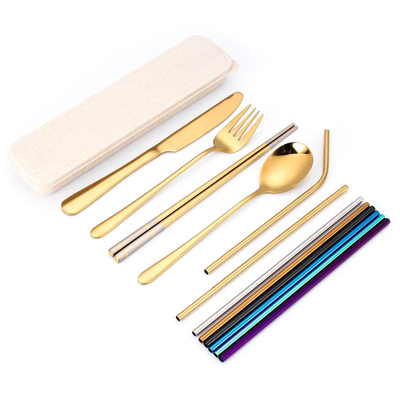 Juego De Cubiertos De Plata, 6/24/36/48/60/72 Piezas, De Acero Inoxidable 304, Portátil, con Pajita, Ideal para Viajes, Camping, Estudiantes, Cuchillo, Tenedor,Black-48 Pieces for 8