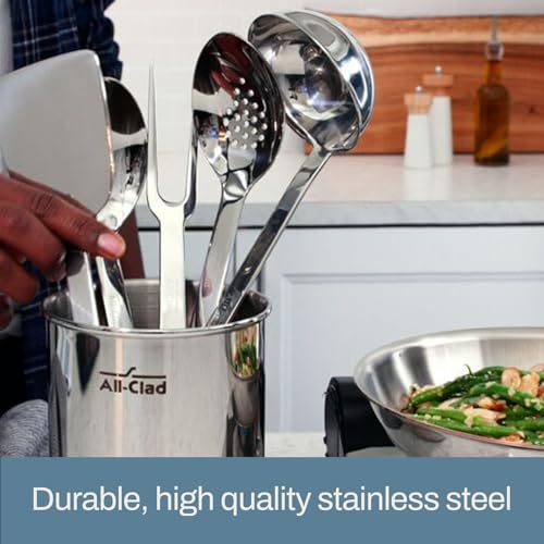 Image of All-Clad 5-Piece Stainless Steel Kitchen Utensil Set - Includes Ladle, Solid Spoon, Slotted Spoon, Turner & Storage Caddy - Heavy-Gauge, Ergonomic, Dishwasher Safe, Silver (Pack of 2)