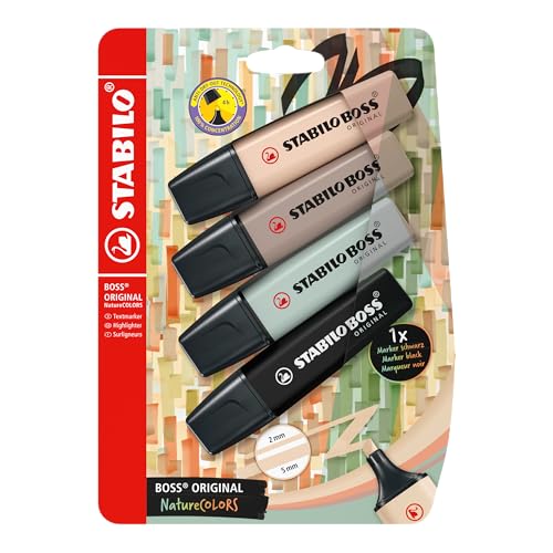 Marcador STABILO BOSS ORIGINAL NatureCOLORS - Pack con 4 colores (beige, gris cálido, verde tierra, negro)