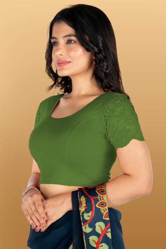 Image of Abhi Cotton Readymade Saree Blouse for Women- Half Net Sleeves, Round Neck, Regular-fit, Stretchable, Pull-on Style Blouse
