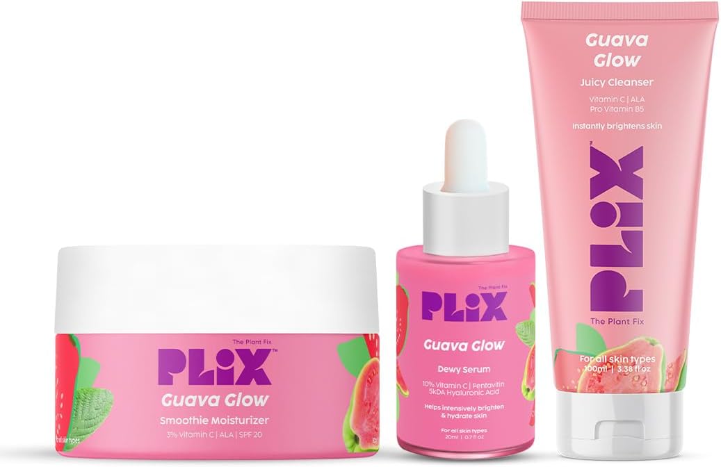 PLIX Guava Skin Care Set | Hydrating Cleanser, 10% Vitamin C Dewy Serum & Smoothie Moisturizer | Brightens, Hydrates & Promotes Glowing Skin - Pack of 3