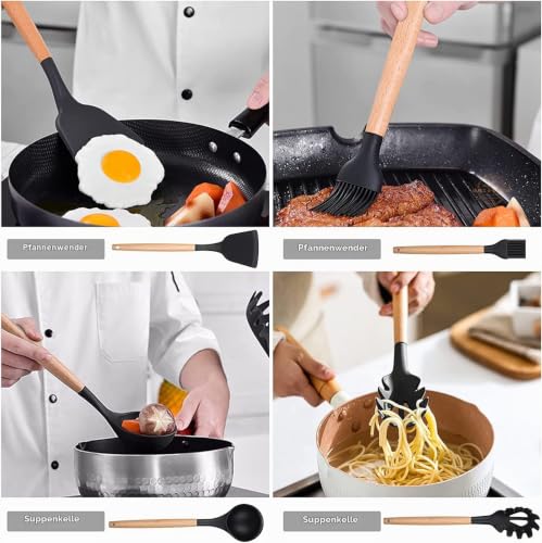 Foto von Küchenhelfer Set Kochlöffel Silikon 12 PCS, Küchenutensilien Set BPA-Frei, FDA Hitzebeständige Holzgriffe, Kochwerkzeug, Silikonwender, Pfannenwender, Löffel für antihaftbeschichtetes Kochgeschirr