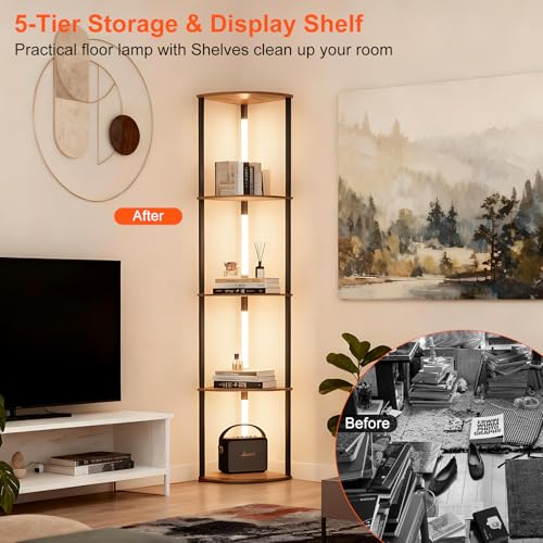 Image of Lightdot Corner Floor Lamps with Shelves, 64Inch 5-Tier Storage Shelf Lamp with Integrated LED Posts /Amber Shelf /Black Frame, Black Display Floor Lamp for Living Room Bedroom /Sofa Beside /Corner Decor