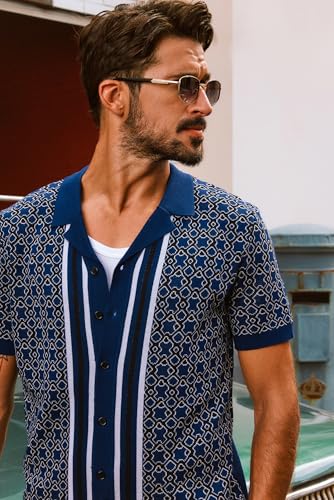 PJ PAUL JONES Mens 70S Shirts Vintage Shirts Button Down Cuban Collar Knitted Polo Shirt4